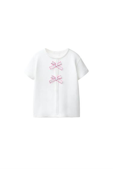 Zara RIBBED T-SHIRT WITH BOWS - White - Image 0