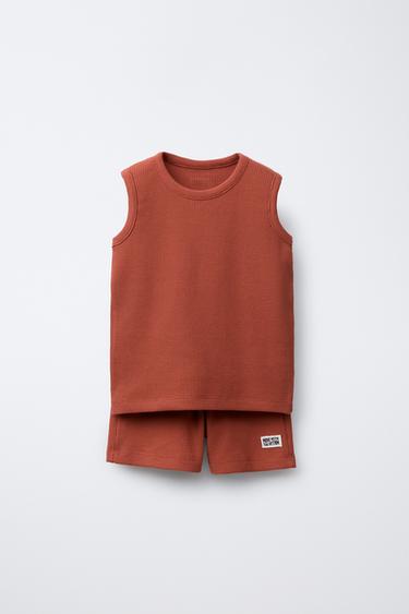 Zara WAFFLE T-SHIRT AND BERMUDA JOGGING SET - Brick