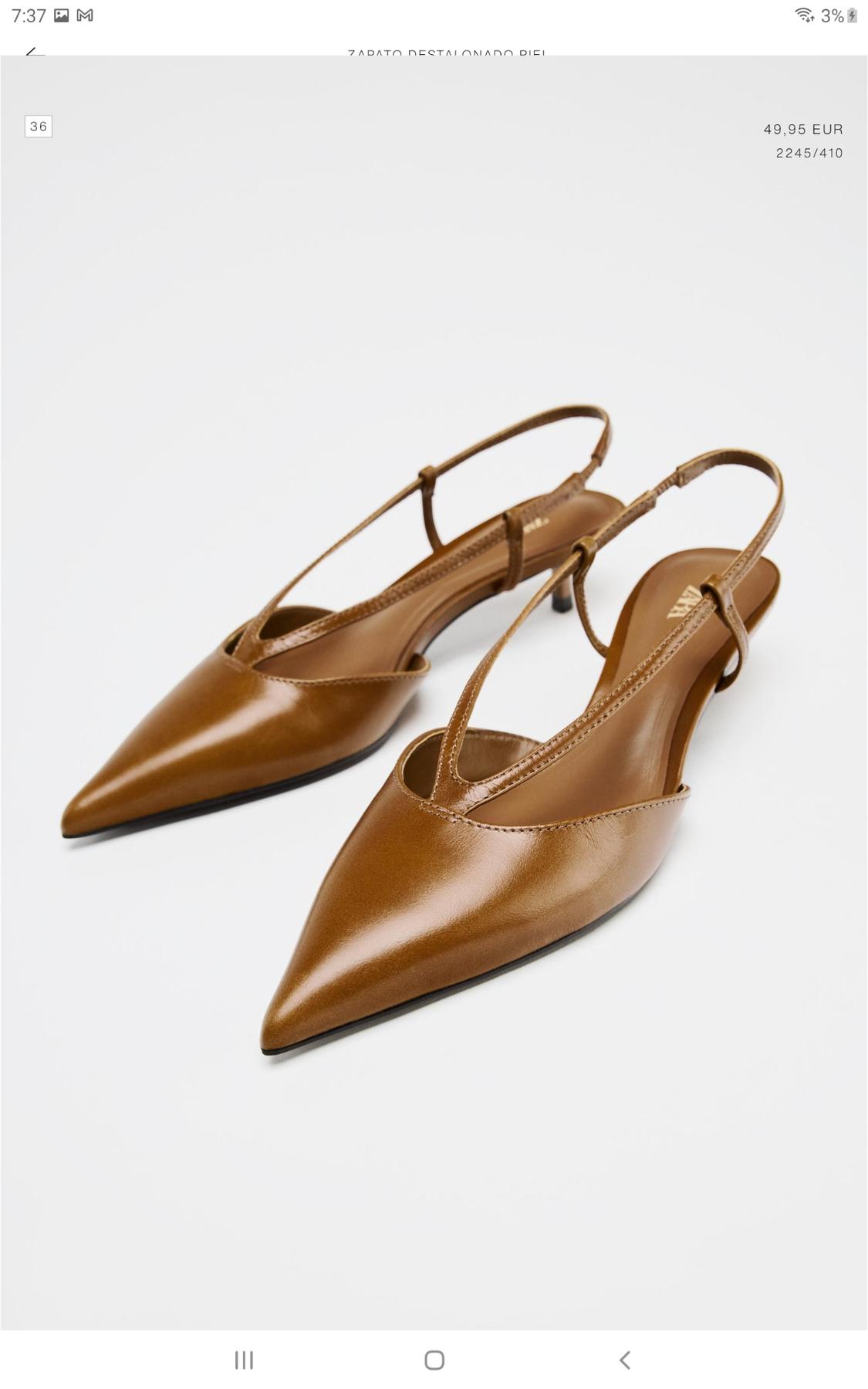 Brown leather slingback shoes with pointed toes and thin straps. Text: "49.95 EUR 2245/410". Size 36 visible.
