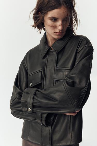 JAQUETA DE COURO 100% COM BOLSOS - Marrom da Zara