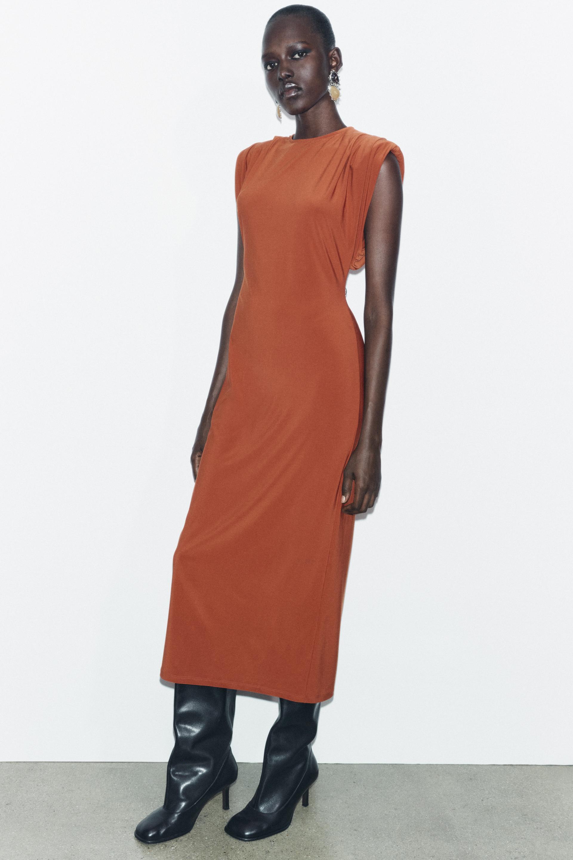 LONG DRESS WITH SHOULDER PADS Russet ZARA Canada