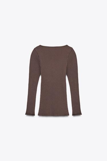 TOP SANS COUTURE CÔTELÉ AVEC NŒUD - Chocolat de Zara - Image 4