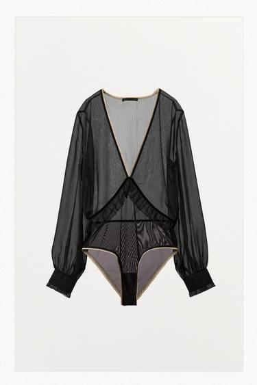 CONTRAST LACE RUFFLED BODYSUIT - Black by Zara