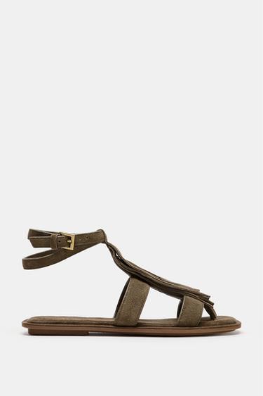 Zara LEATHER FLAT FRINGED SANDALS - Dark tan