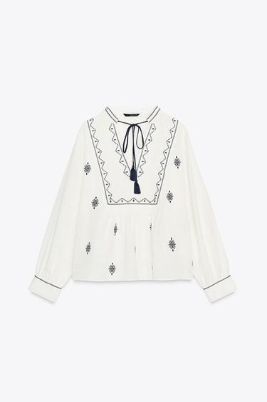 RUSTIC EMBROIDERED BLOUSE - White / Navy by Zara - Image 6