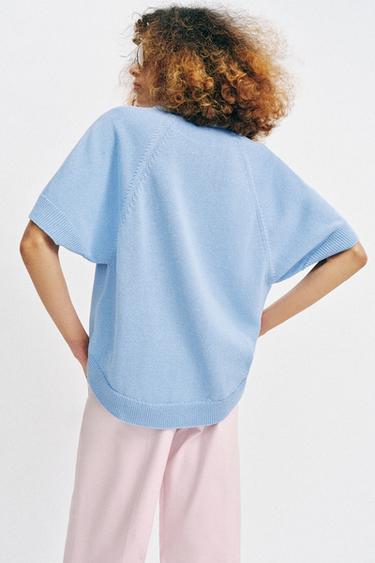 ROUNDED HEM SHORT SLEEVE KNIT JUMPER - Sky blue by Zara - Image 4