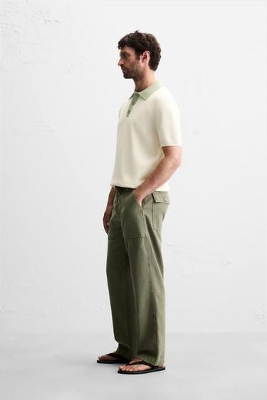 CONTRAST KNIT POLO SHIRT - Ecru / Green by Zara - Image 3