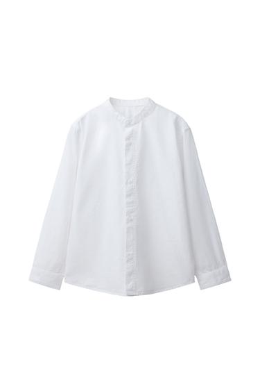 TEXTURED MANDARIN COLLAR SHIRT — White 1