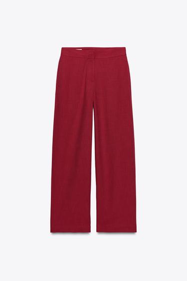 Zara HIGH-WAISTED STRAIGHT LEG PANTS - Cherry red