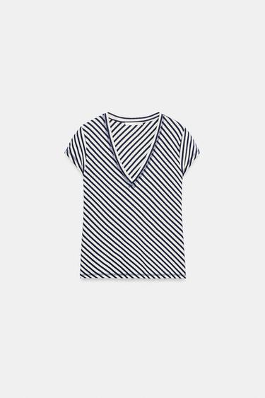 STRIPED LINEN BLEND T-SHIRT - Ecru / Navy by Zara