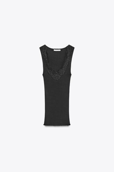 LACE RIBBED T-SHIRT - Black by Zara