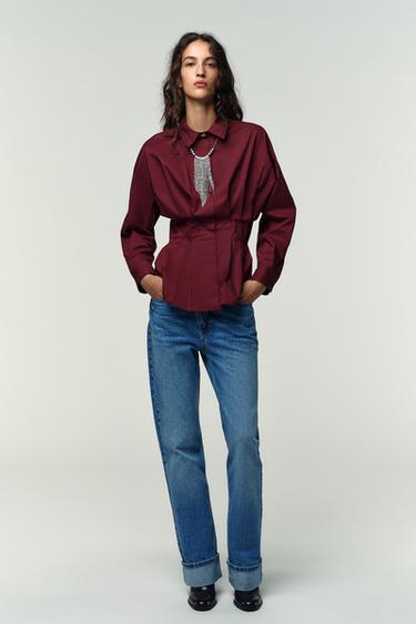 Zara PLEATED POPLIN SHIRT - Burgundy