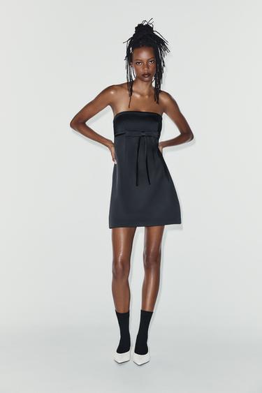 Zara SATIN BOW STRAPLESS MINI DRESS - Black