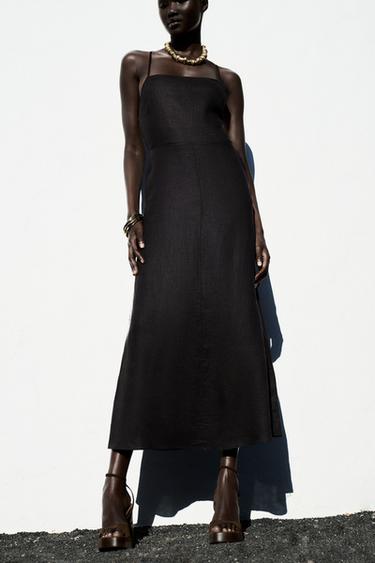 ROBE MIDI EN LIN 100 % ZW COLLECTION - Noir de Zara