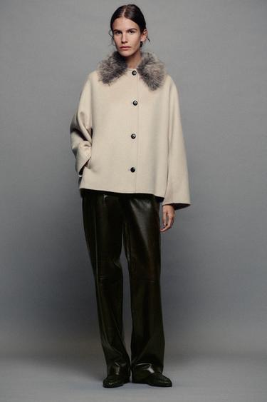 ZW COLLECTION WOOL BLEND JACKET WITH FAUX FUR COLLAR — Beige 1