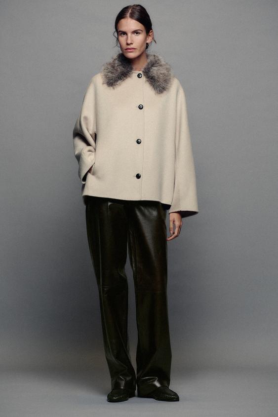 Zara ZW COLLECTION WOOL BLEND JACKET WITH FAUX FUR COLLAR - Beige - Image 0