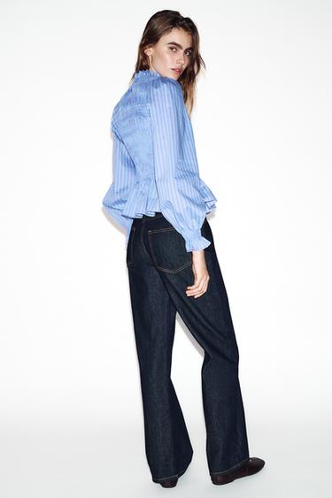 STRIPED SMOCKED SHIRT - Ecru / Red by Zara - Image 3