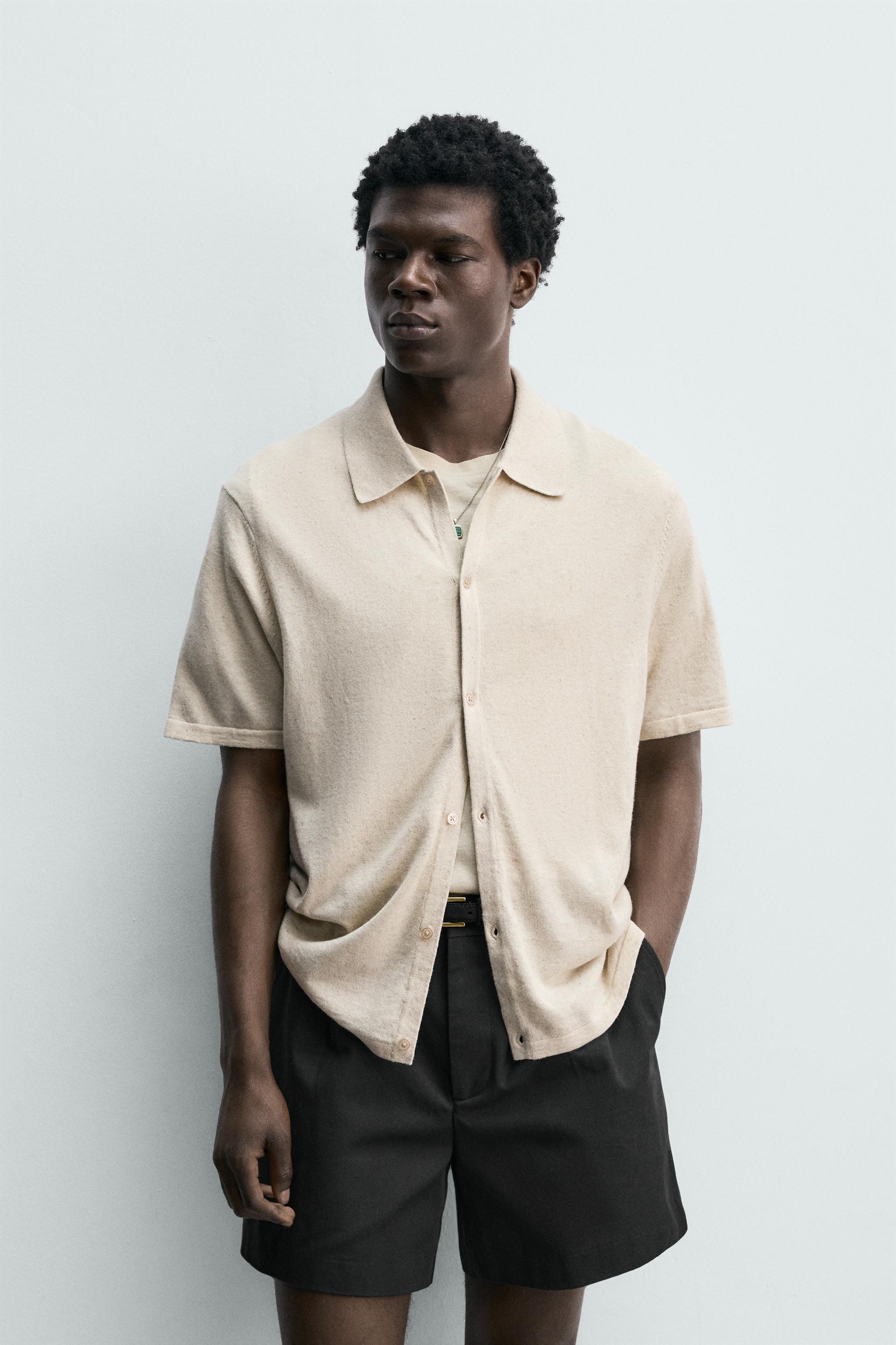 COTTON/LINEN KNIT SHIRT — Beige
