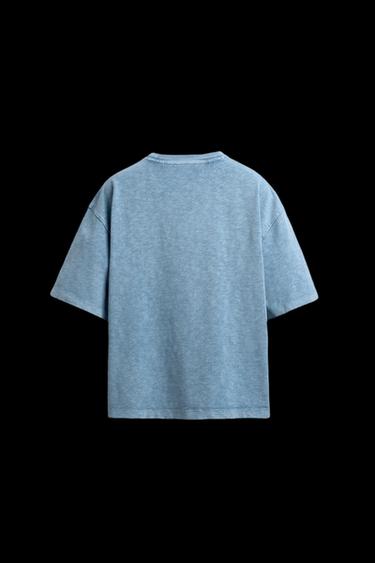 Zara WASHED FLAMÉ TEXTURED RELAXED FIT T-SHIRT - Blue