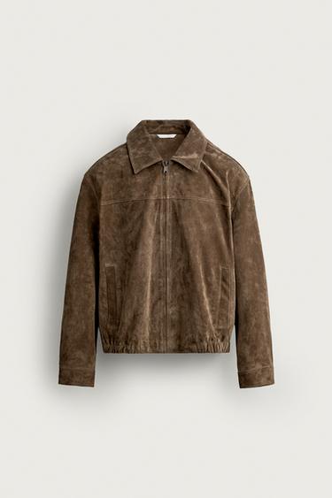 BLOUSON REGULAR FIT EN CUIR DAIM - Marron clair de Zara
