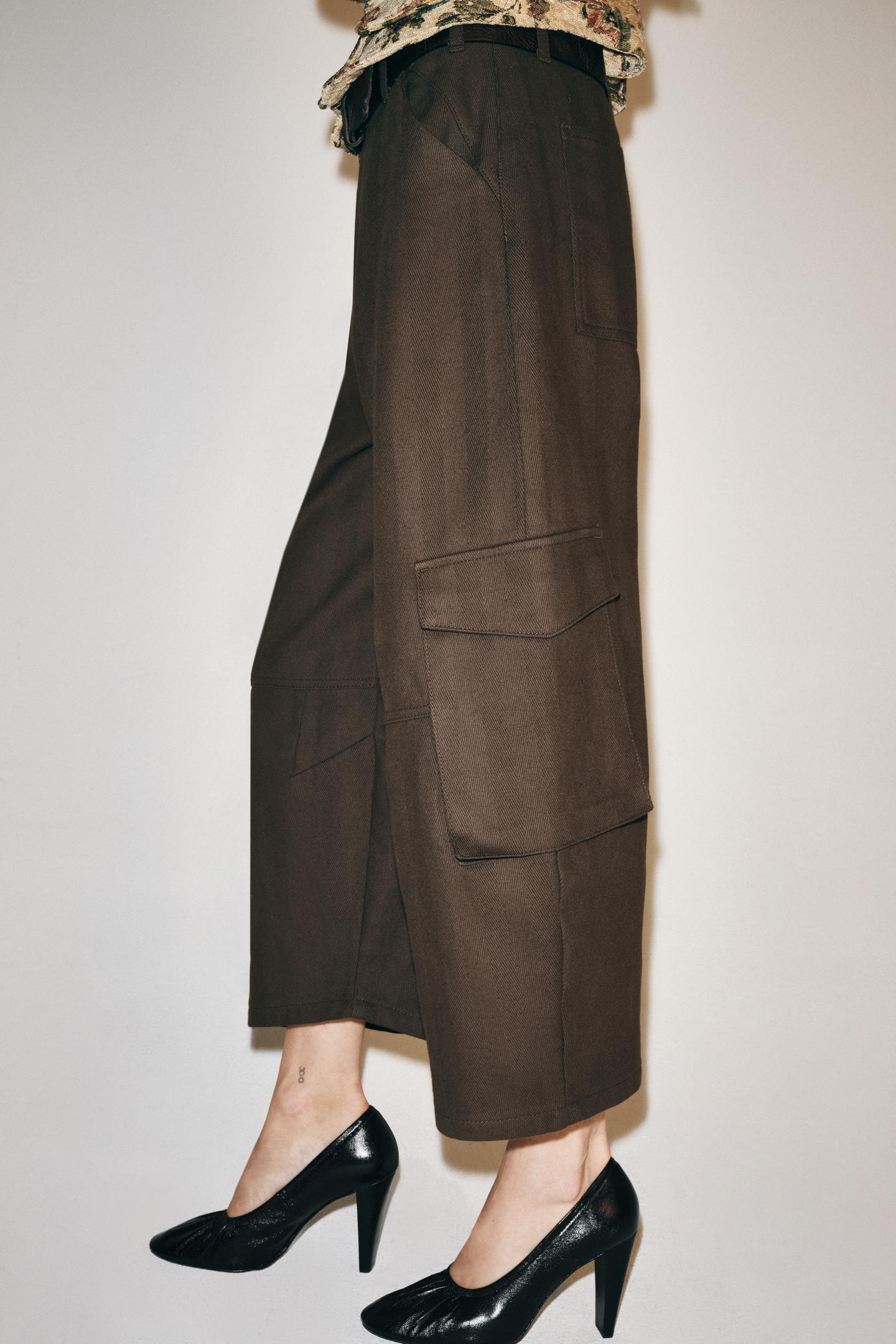 Женские брюки Zara ZW Collection Cargo Capri, цвет: Коричневый — фото 5