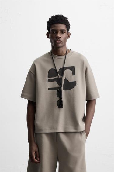 Zara TEXTURED PRINT TECHNICAL T-SHIRT - Stone