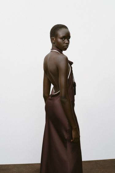 CONTRAST TRIM SATIN MIDI DRESS - Brown by Zara - Image 4