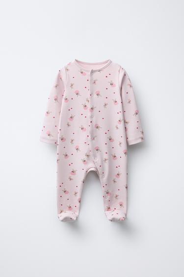 Zara BUNNY PRINT CONVERTIBLE FOOTED ONE-PIECE PAJAMAS - Pink