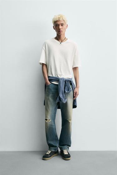 Zara 棉麻混紡 V 領 T 恤 - 白色