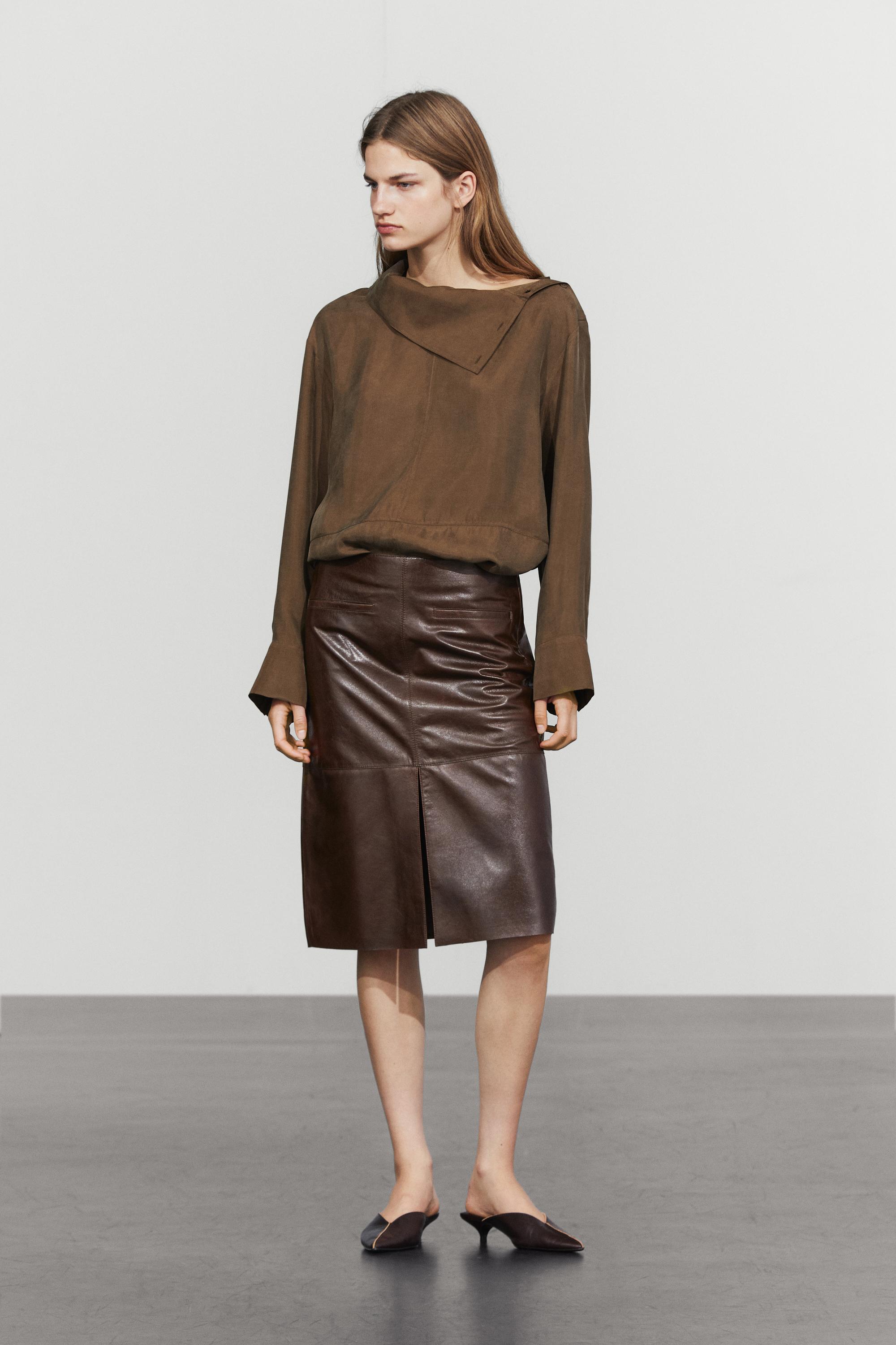 Leather midi skirt with pockets