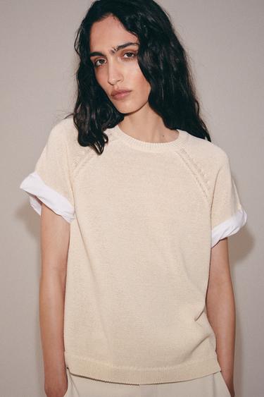 KNIT JUMPER WITH CONTRAST TURN-UP SLEEVES - Ecru by Zara