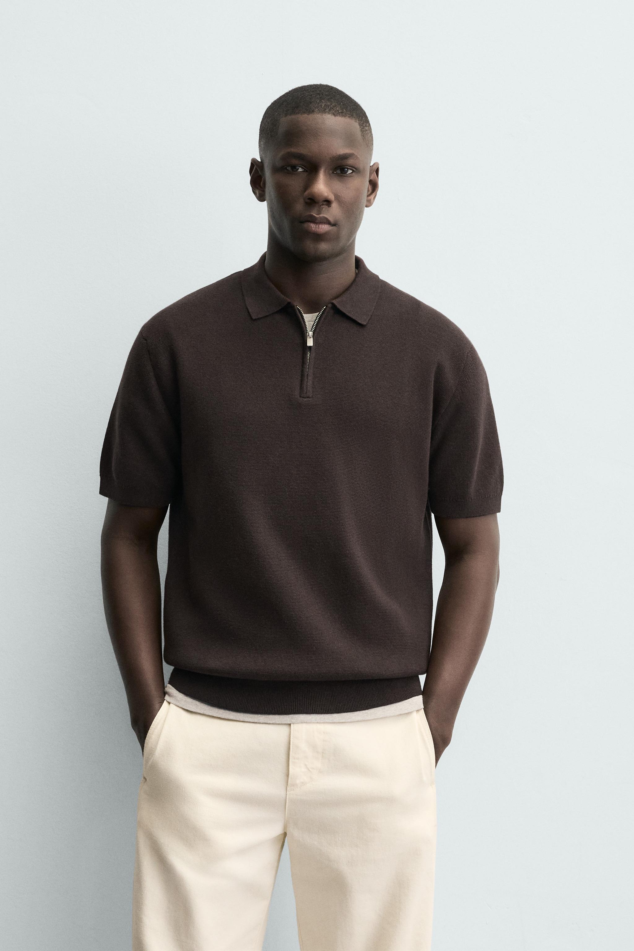 KNIT ZIP POLO SHIRT - Brown / White | ZARA Canada