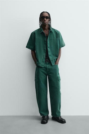 Zara STRAIGHT FIT CARGO JEANS - Green