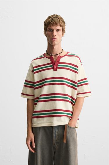 PLAYERA PUNTO RELIEVE RAYAS - Rojo de Zara