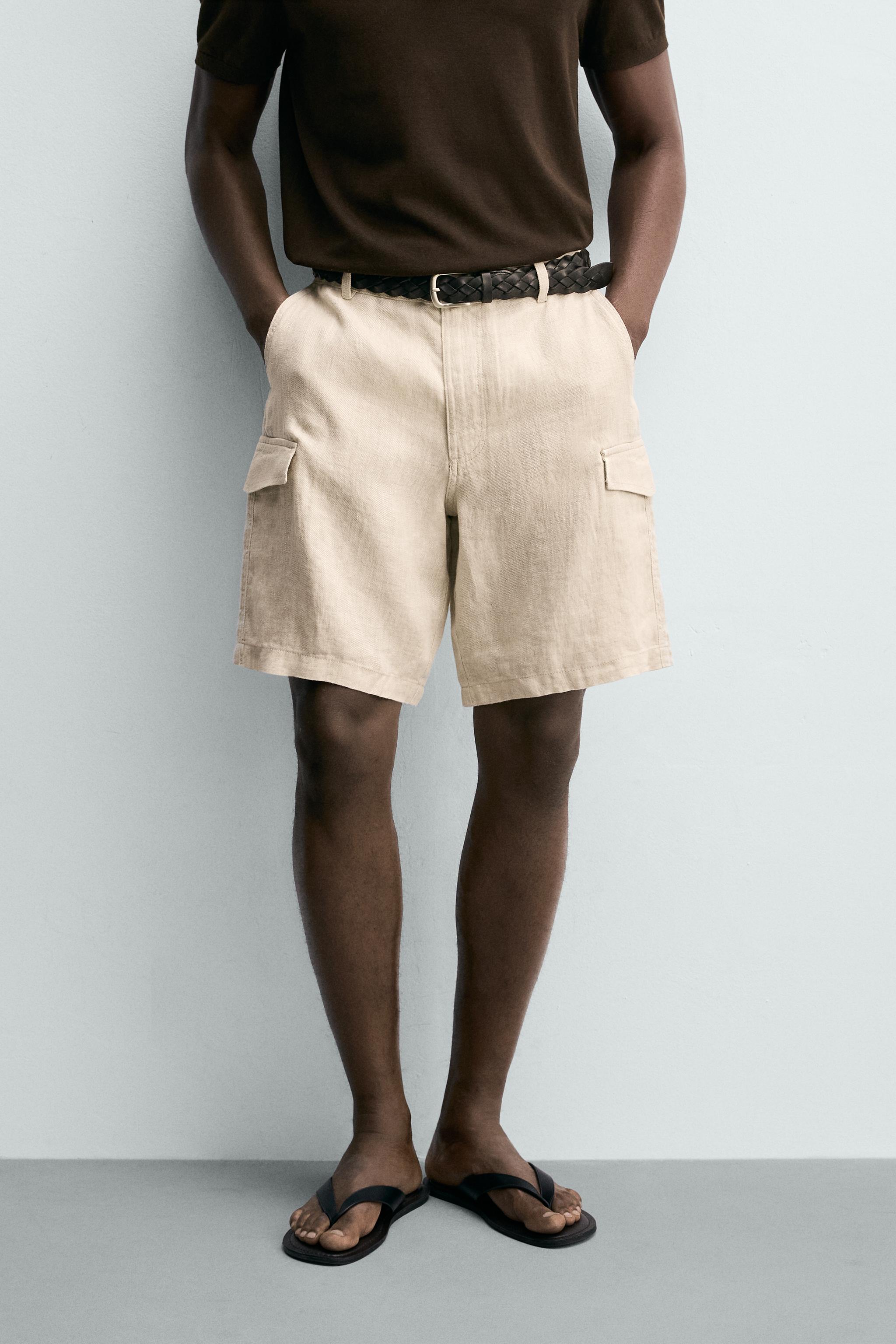REGULAR FIT 100% LINEN CARGO SHORTS — Light beige