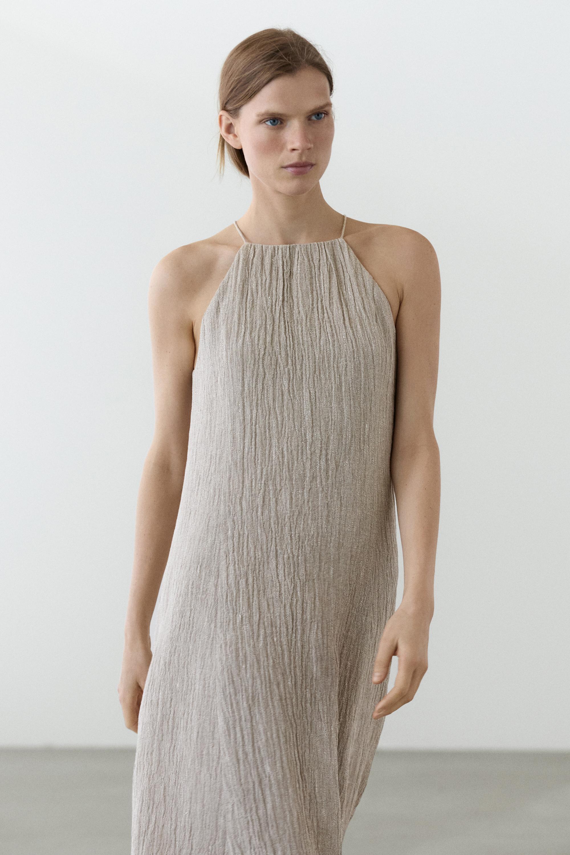 Flowing linen blend dress with gathered neckline