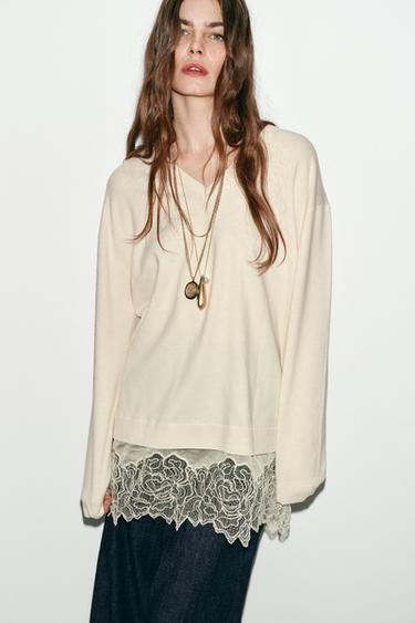 LANGER STRICKPULLOVER MIT SPITZENMIX - Vanille von Zara
