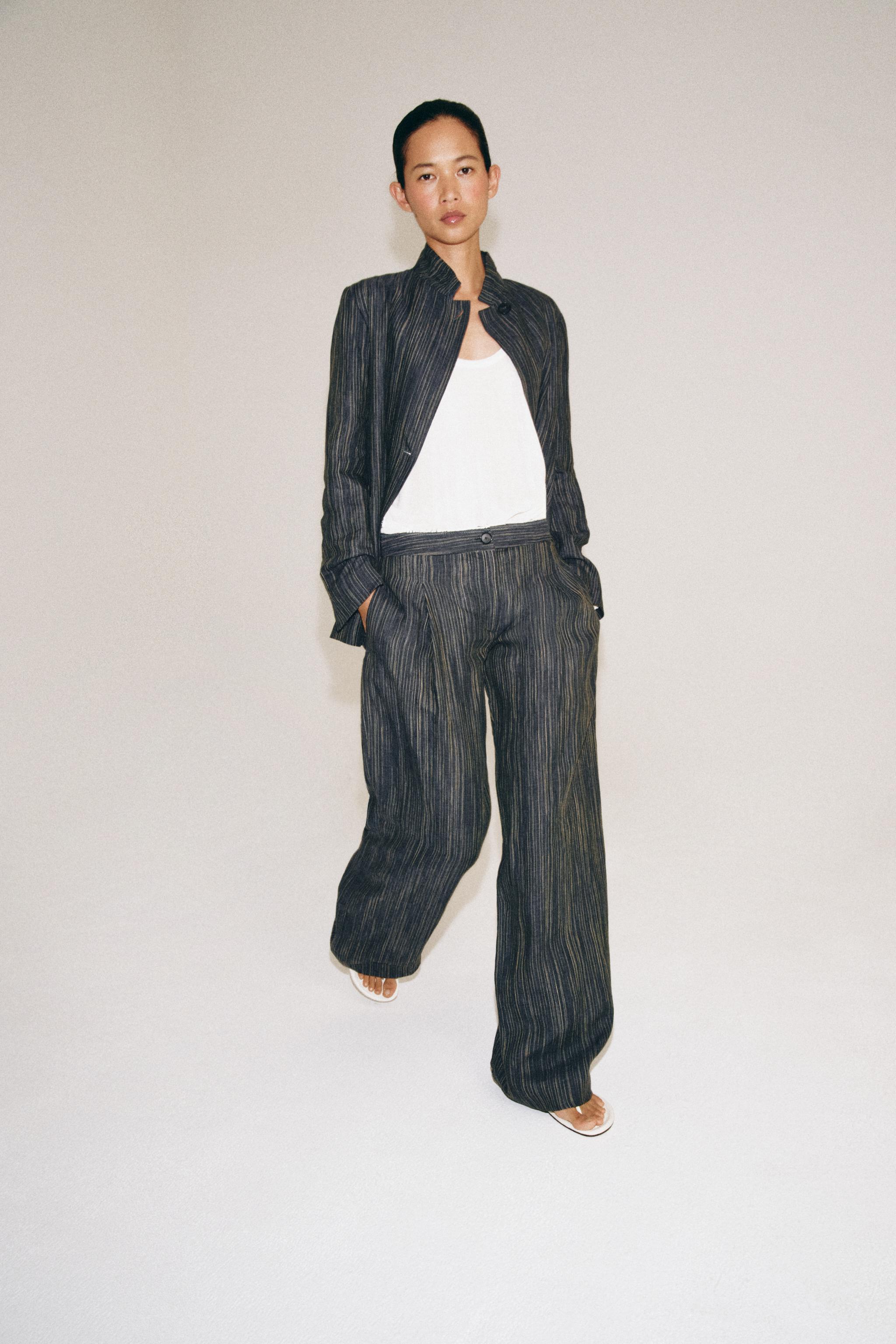 ZW COLLECTION STRIPED LINEN BLAZER — Blue gray