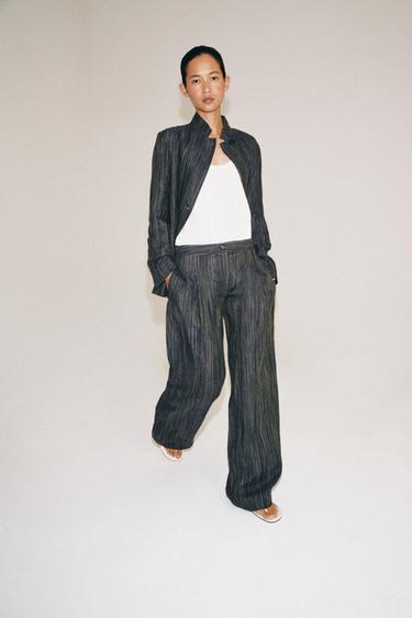 Zara ZW COLLECTION STRIPED LINEN BLAZER - Blue gray - Image 0