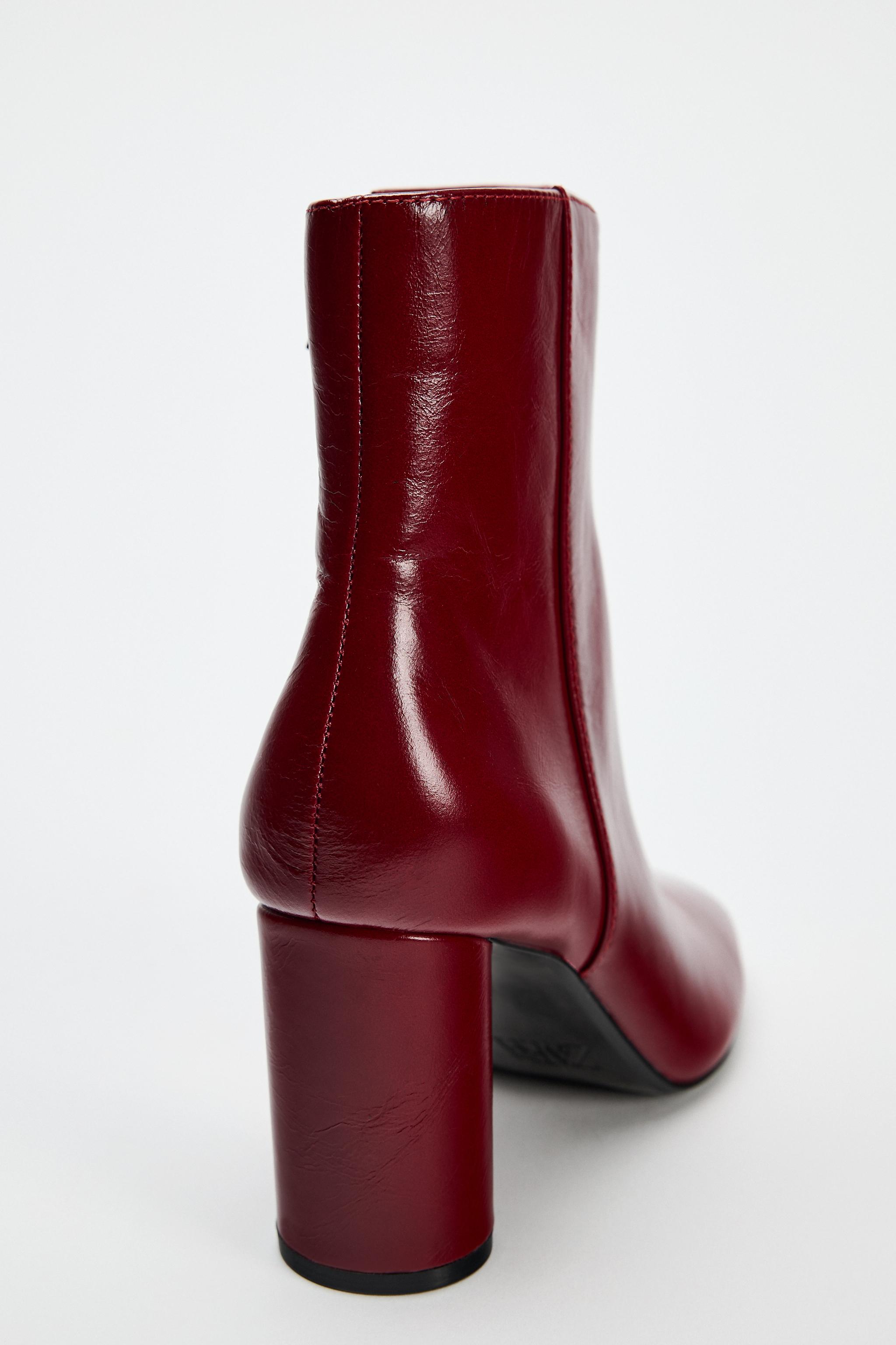 Zara Heeled Leather Ankle Boots Burgundy Red Women