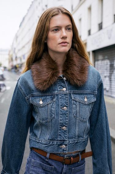 Zara Z1975 FAUX FUR LAPEL CROPPED DENIM JACKET - Mid-blue