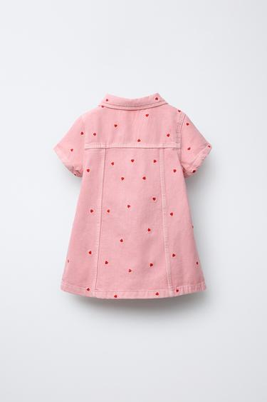 TWILL SKATER DRESS WITH EMBROIDERED HEARTS - Pink by Zara - Image 1