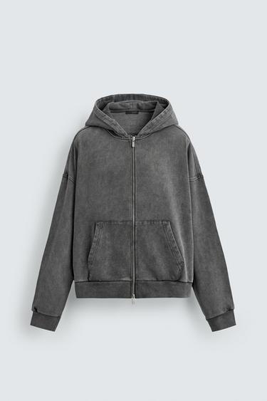 Zara WASHED HOODED ZIP SWEATSHIRT - Grayish
