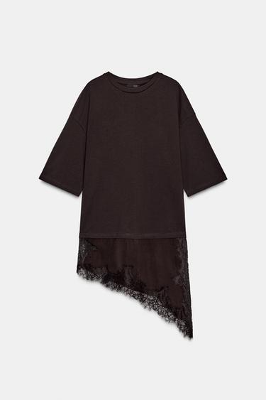 Zara COMBINATION LACE T-SHIRT - Chocolate