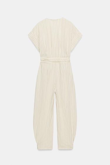 STRIPED JUMPSUIT WITH BELT - Ecru / Blue by Zara - Image 9