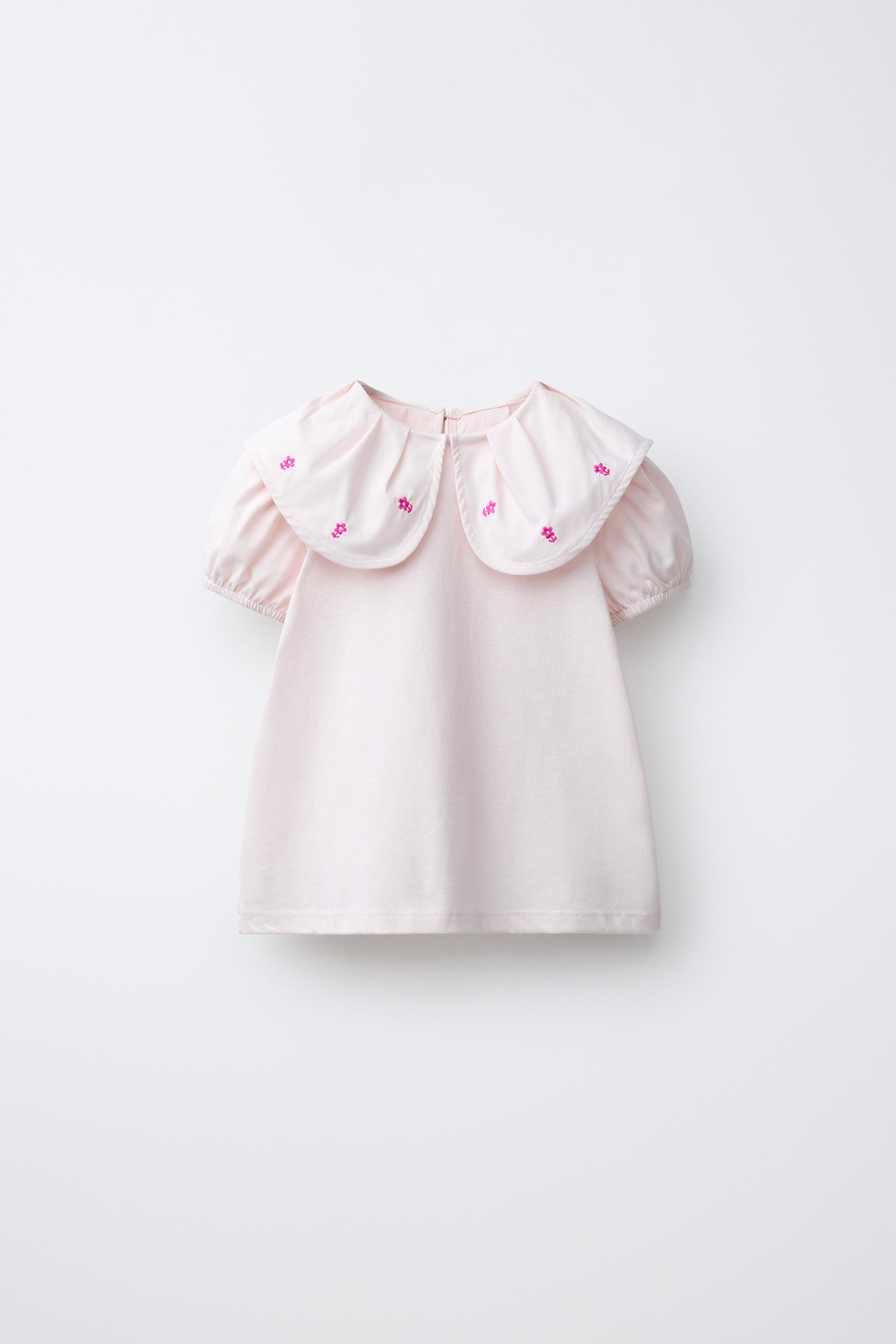 EMBROIDERED FLORAL PETER PAN COLLAR T-SHIRT — Pastel pink