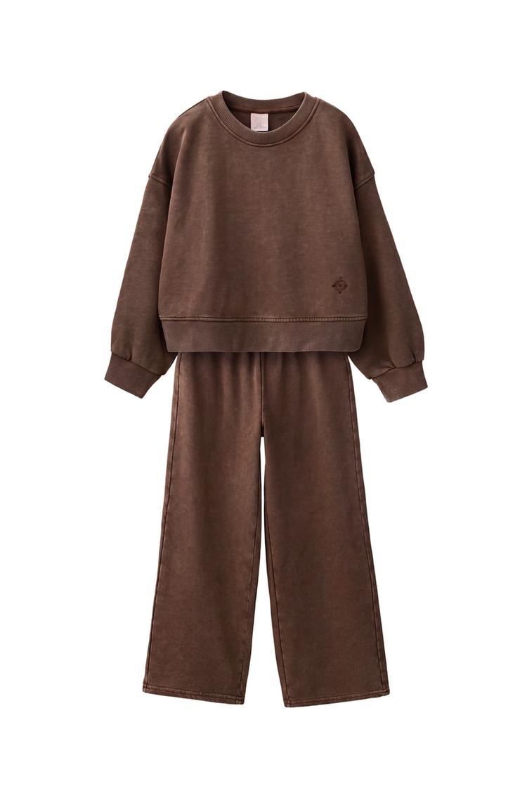 WASHED-EFFECT SWEATSHIRT AND PANTS SET — Brown