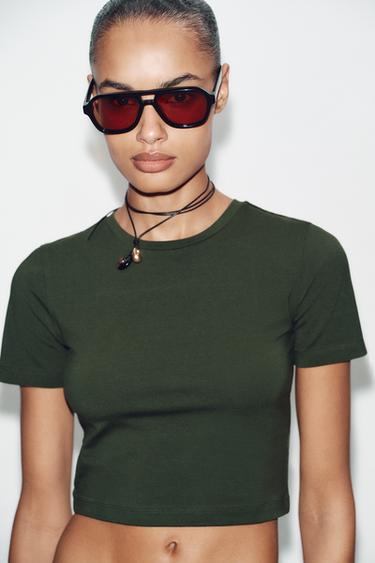 Zara SHORT SLEEVE CROPPED TOP - Khaki