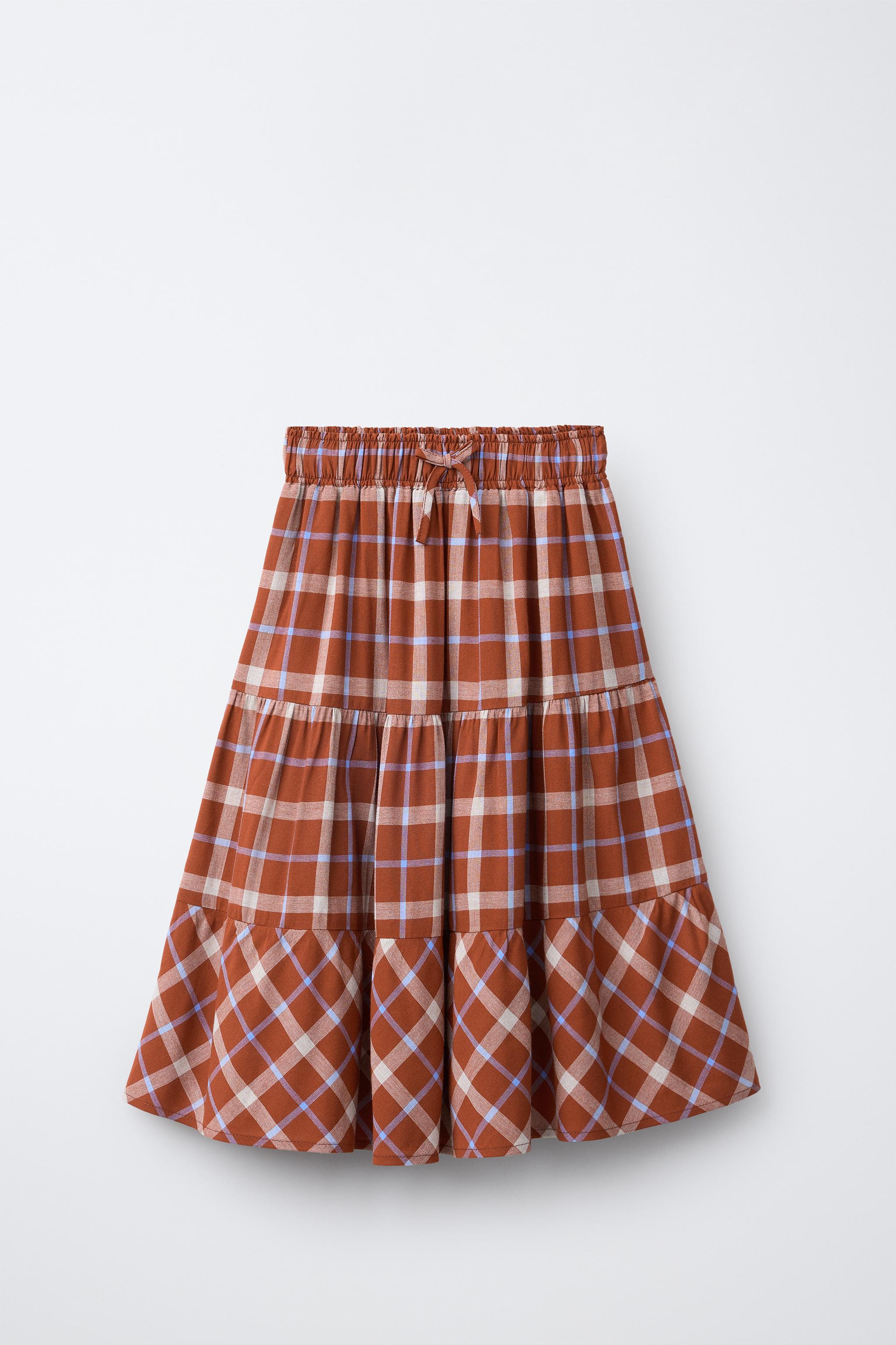 PLAID TIERED MIDI SKIRT