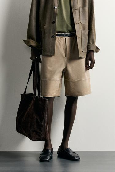 WASHED-EFFECT LEATHER BERMUDA SHORTS — Beige 2